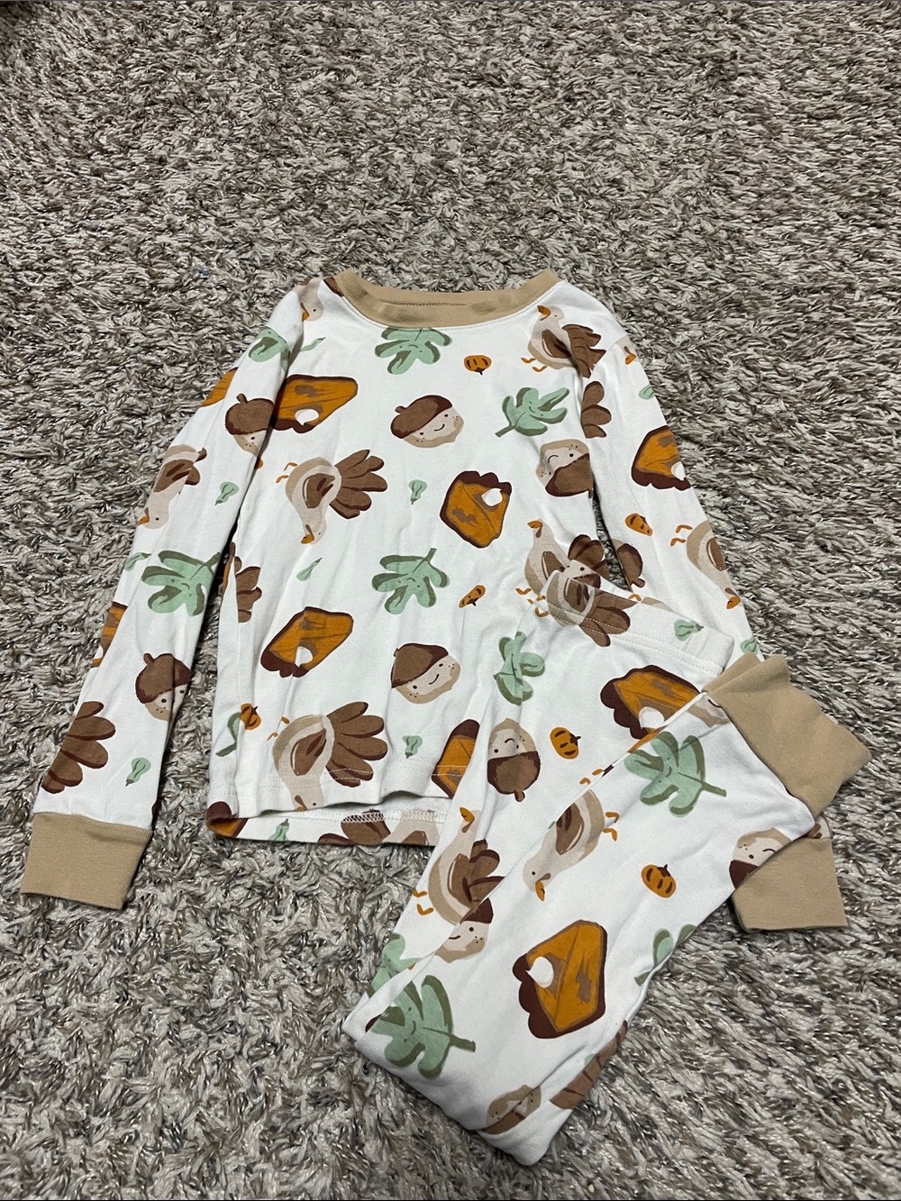 Carter's Cream Pajama Set with Brown Acorn & Green Leaf Print